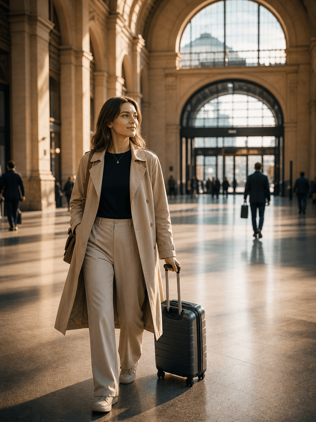 Traveller moving calmly through a bright European arrival space.