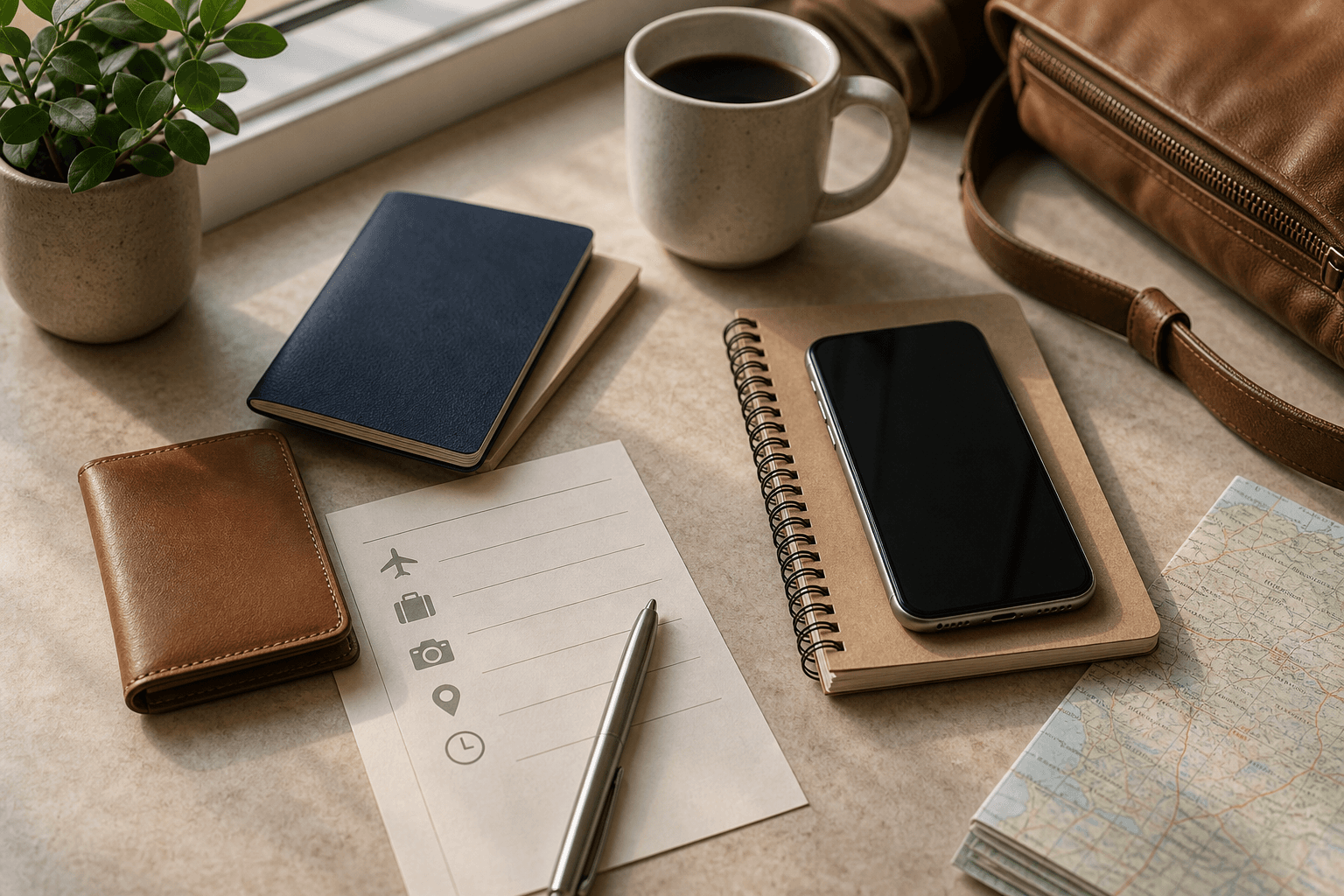 Travel planning desk with calm documents and itinerary notes.