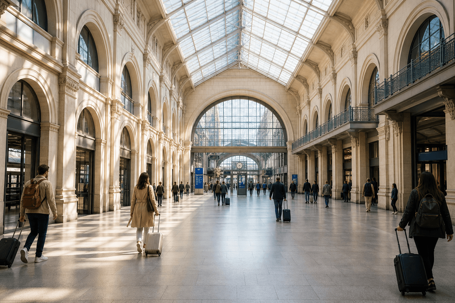 Soft, light-filled transport terminal scene in Europe.